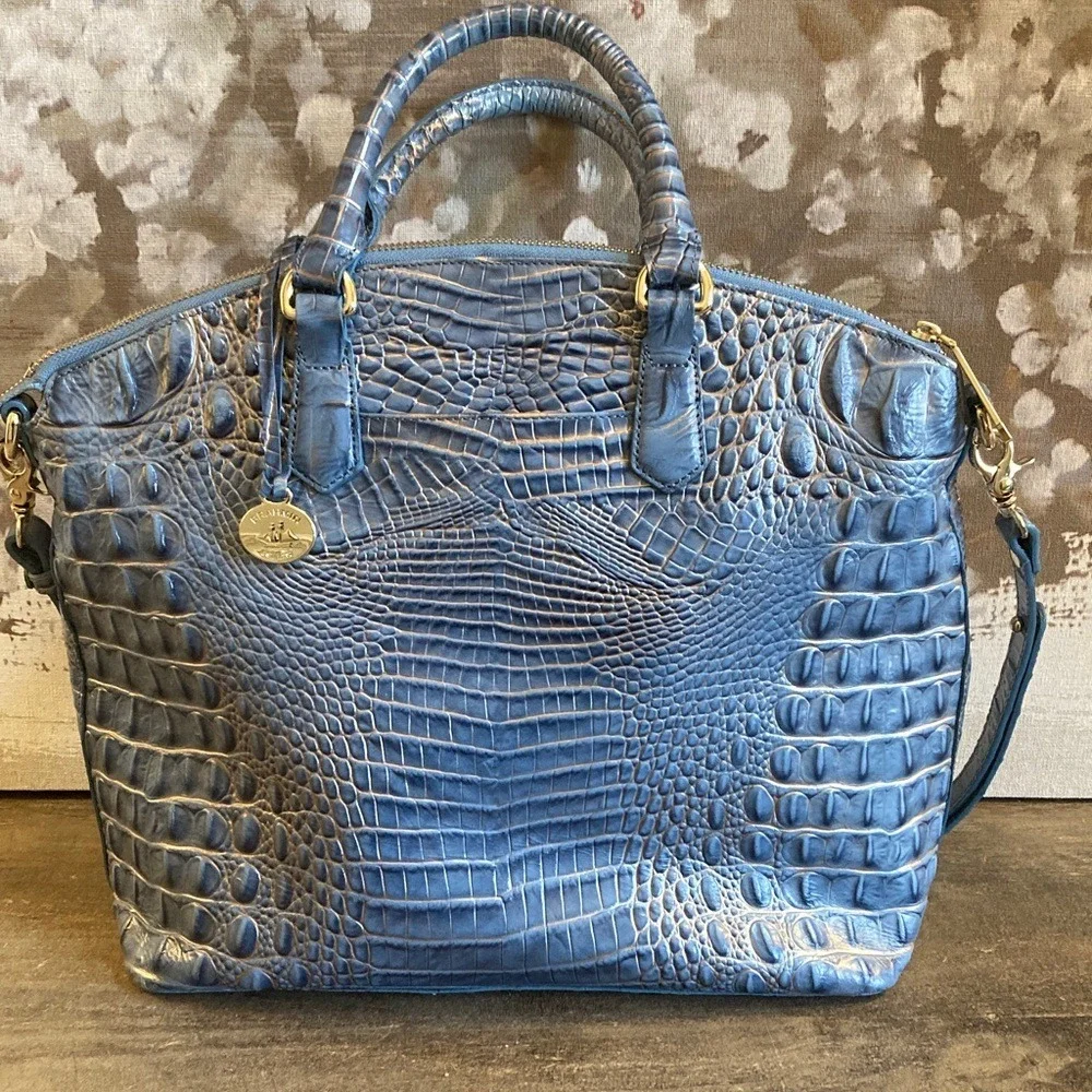 Brahmin Womens Large Duxbury Satchel Purse Blue Gold Metallic Croc Embossed‎